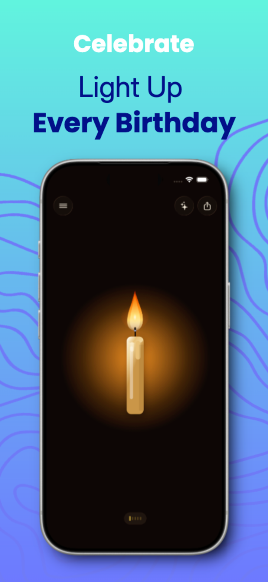 A single lit birthday candle glowing on a dark phone screen