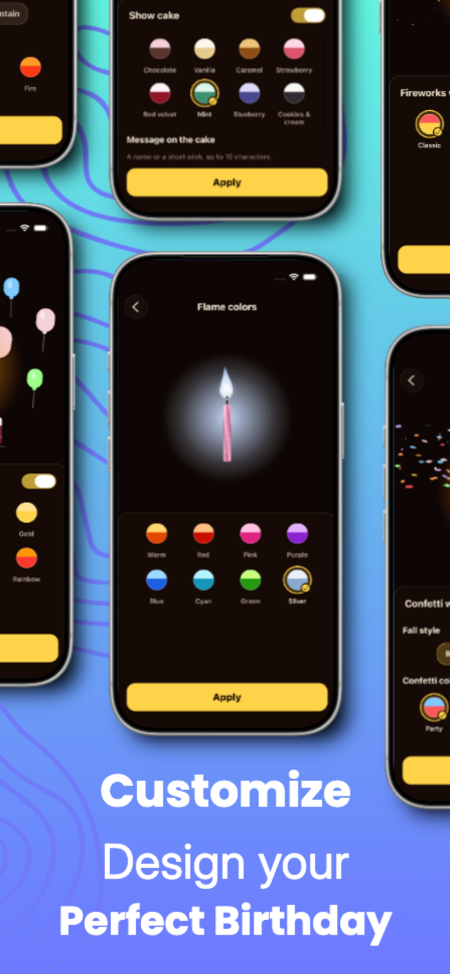 Settings for flame colors and cake flavors, including chocolate, vanilla, and a message on the cake