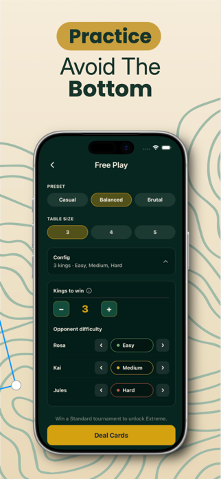 Crown Dump Free Play setup with table size and AI difficulty