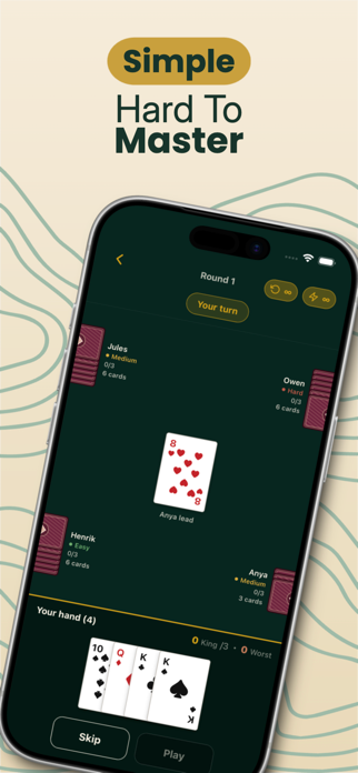 Crown Dump hand of cards with Skip and Play on a four-player table